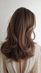 Naklejka premium Elegant Back View of Woman Displaying Stylish Layered Brown Hair