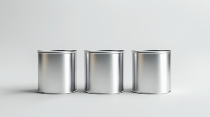 Three blank silver cans on white background; packaging mockup