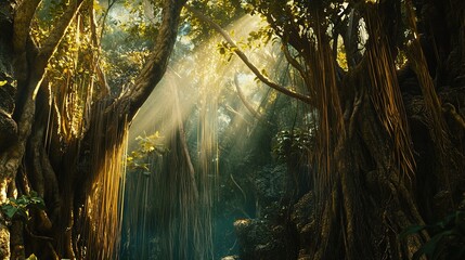 Sunbeams Illuminate Lush Tropical Rainforest Canopy