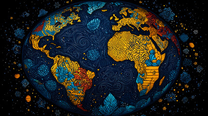 Ornate Earth, space background, global flora, environmental art, educational use