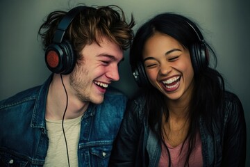 A young couple shares a laugh while listening to music with headphones.