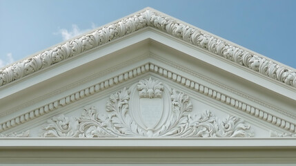Obraz premium Ornate white pediment detail, architectural element, exterior building, clear sky background, design inspiration