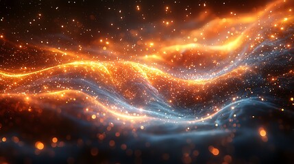 Obraz premium Celestial Dance: A captivating abstract of shimmering orange and blue particles, swirling and dancing in a mesmerizing celestial formation. The background is a deep, rich black.