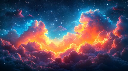 Fototapeta premium Celestial Canvas: A captivating digital artwork depicting a celestial landscape with vibrant, otherworldly clouds illuminated by a burst of cosmic light.