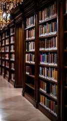 Dark Wooden Bookshelves Filled with Books in a Classic Library