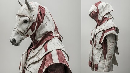 Striking apparel featuring a horse head and hooded striped coat