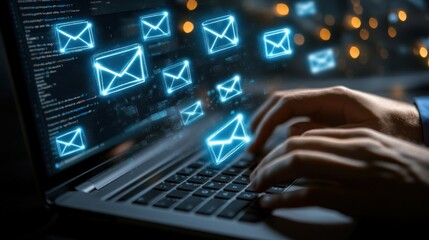 Hands typing on laptop with glowing email icons