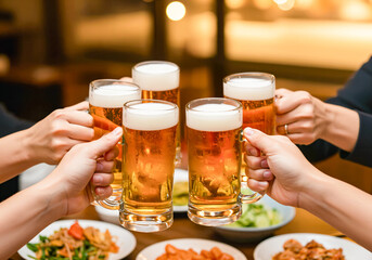 ビールで乾杯をするグループ