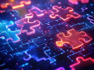 Colorful neon puzzle pieces interlock on a digital circuit board, symbolizing problem-solving in technology and innovation