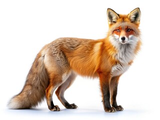 Fototapeta premium A majestic red fox, sharply focused, isolated against a blurred background, in high resolution.