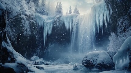 Frozen Waterfall Scene Winter Wonderland Landscape