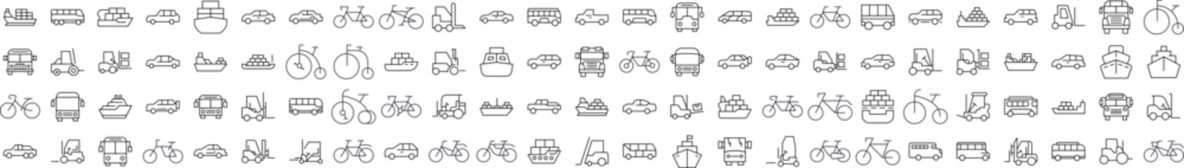 Fototapeta premium Bus, Ship, Tractor, Bicycle, Car Simple Isolated Line Icons Collection. Editable Stroke. Perfect for Web Sites, Books, Cards, Apps