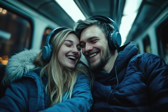 A happy young couple enjoys listening to music together on a public transport. - Powered by Adobe