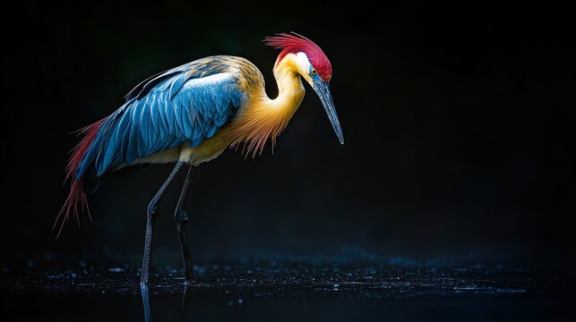 A Graceful Colorful Bird Stands on the Edge of Darkness