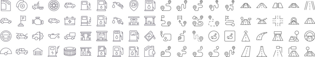 Gas Station, Car, Road, Map Pin Outline Simple Linear Image Collection. Editable Stroke. Perfect for Web Sites, Books, Cards, Apps