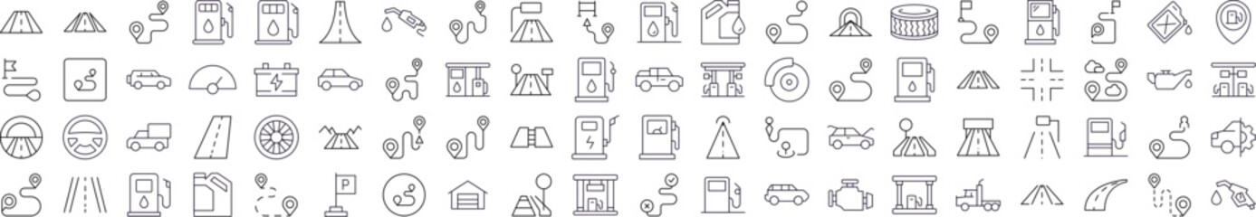 Gas Station, Car, Road, Map Pin Thin Icons Collection. Editable Stroke. Perfect for Web Sites, Books, Cards, Apps