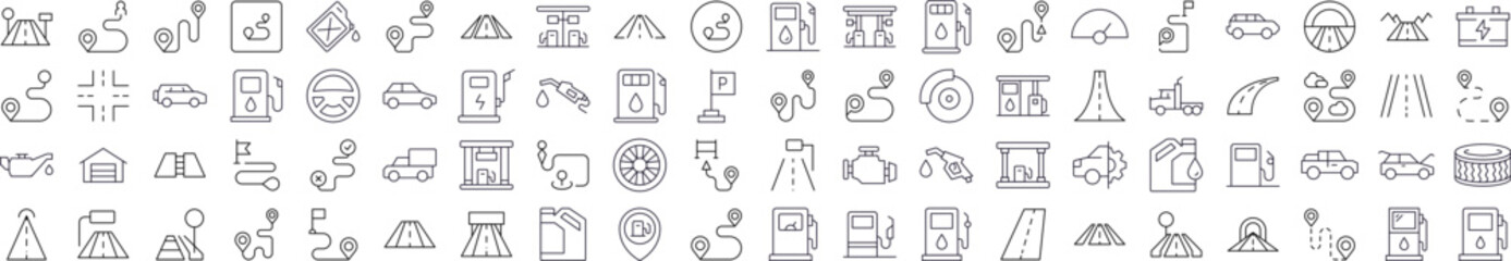 Gas Station, Car, Road, Map Pin Collection of Thin Icons. Editable Stroke. Perfect for Web Sites, Books, Cards, Apps