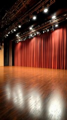Fototapeta premium Empty Theater Stage with Red Curtains and Warm Lighting