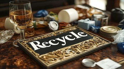 Recycling sign amidst discarded items; interior setting