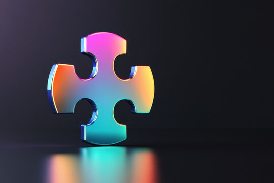 Colorful metallic puzzle piece stands out against a dark background, capturing attention with its vibrant hues and reflective surface, symbolizing creativity and problem-solving.