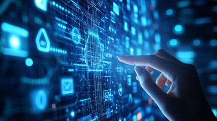 High-Tech Data Center Server Control: IT Specialist Administrator Working on Computer, Screen Showing Big Data AI Analysis and Code. Web Services, Machine Learning, Analytics Facility, Cyber Security 