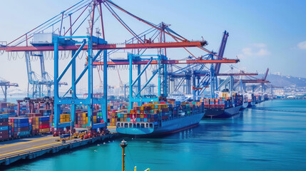 Fototapeta premium Busy Shipping Port with Cargo Containers
