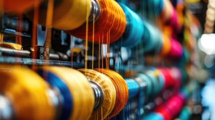 Obraz premium Vibrant Multicolored Threads on Spools in Workshop