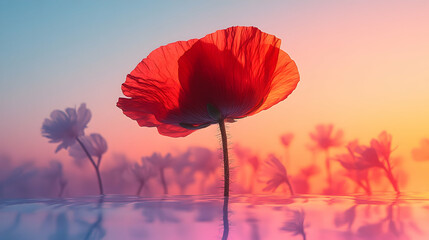 Red poppy sunset reflection, floral field, serene nature scene, calming wallpaper