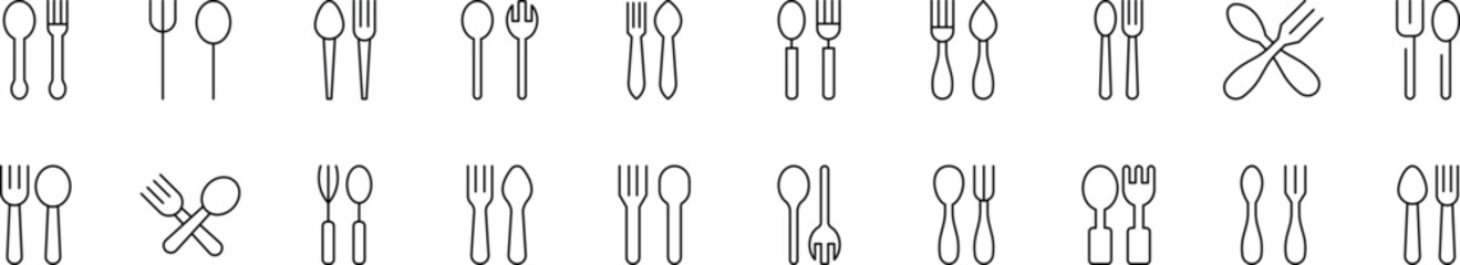 Fork and Spoon Icon Set for UI, Placards, Books, Apps. Editable Stroke. Perfect for Web Sites, Books, Cards, Apps