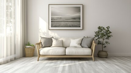 Fototapeta premium Chic Minimalist Living Room with Natural Light Vinyl Flooring and Elegant Art