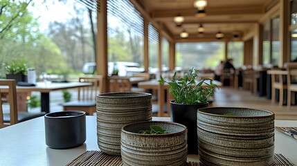 Restaurant patio, spring, tables, herb garnish, lunch