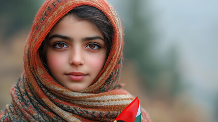A close-up portrait of a young Kashmiri girl with big, expressive eyes, holding a small Kashmiri flag in her hands. She wears a traditional Pashmina shawl, and her cheeks are flushed due to the cold.