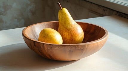 Ripe pears in wooden bowl, sunlight kitchen