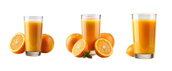 glass of orange juice and oranges isolated on a transparent background, in a PNG format set