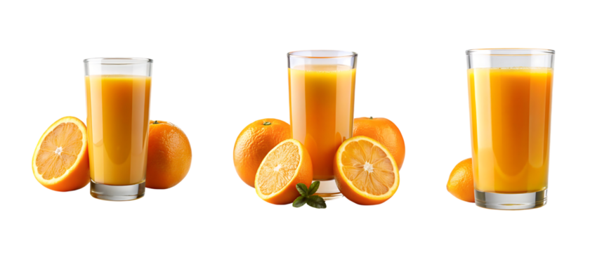 glass of orange juice and oranges isolated on a transparent background, in a PNG format set