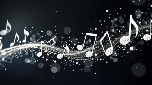 Silver musical notes on blurred black background, Silver musical notes floating on a dark abstract background