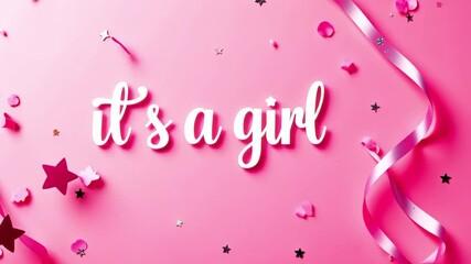 Text "It's a girl" on a colorful speech bubble moving on a pink background. Invitation, mailing, video for a baby shower, gender reveal, newborn or baby party.