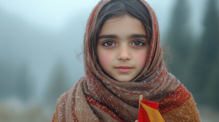 A close-up portrait of a young Kashmiri girl with big, expressive eyes, holding a small Kashmiri flag in her hands. She wears a traditional Pashmina shawl, and her cheeks are flushed due to the cold. 