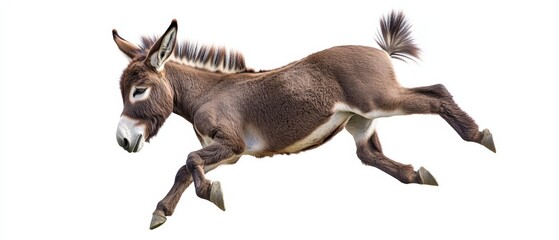 Fototapeta premium Jumping Donkey in Playful Motion Against a White Background