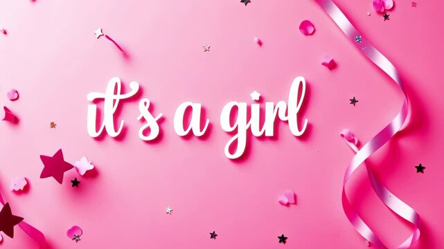 Text "It's a girl" on a colorful speech bubble moving on a pink background. Invitation, mailing, video for a baby shower, gender reveal, newborn or baby party.