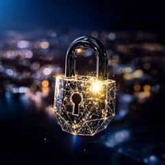 Glowing Abstract Padlock with City Lights Background
