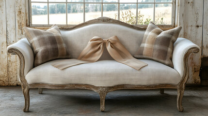 Rustic sofa with pillows, farmhouse window view, home decor