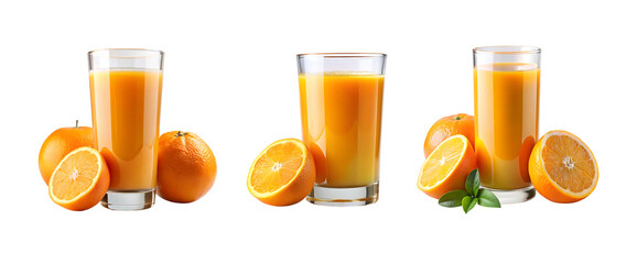 glass of orange juice and oranges isolated on a transparent background, in a PNG format set