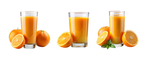 glass of orange juice and oranges isolated on a transparent background, in a PNG format set