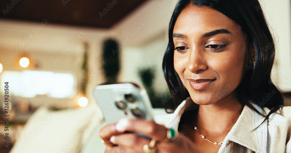 Poster woman, phone and texting on couch in home, chat and search for valentines day date in lounge. girl, 