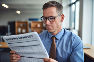 A shipping manifest being reviewed by a logistics manager in an office