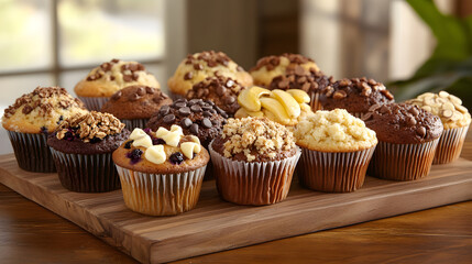 Assortment of Delicious Homemade Muffins Bathed in Sunlight Perfuming a Cozy Kitchen with Comfort