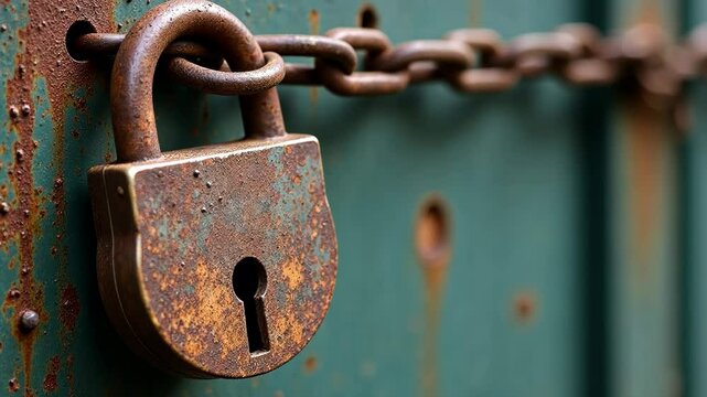 The padlock is hanging on an iron chain. An old rusty padlock
