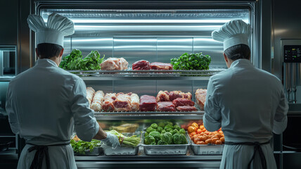 Cold storage area inside a commercial refrigerator, with chefs preparing fresh produce and meats for food preparation in a high-end restaurant kitchen