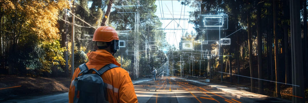 a high resolution photo 8k of Field workers using AR devices to view digital overlays on trees and power lines Illustrate the process of marking areas for work and